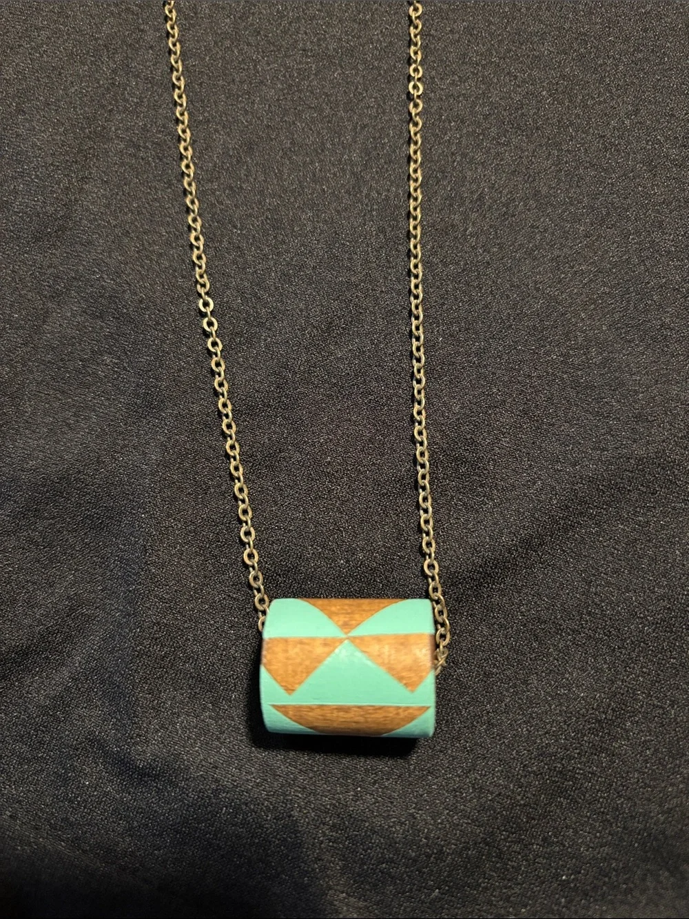 Handmade/Hand Painted Wooden “Bead” Necklace with Turquoise Geometric Design - Picture 2 of 8